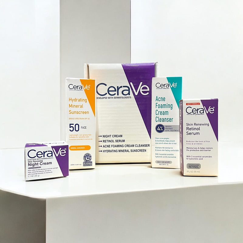 CeraVe 4-in-1 Skincare Kit: Night Cream, Sunblock, Cleanser & Serum for Radiant Skin