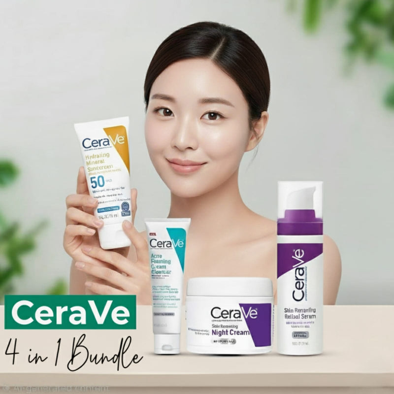 CeraVe 4-in-1 Skincare Kit: Night Cream, Sunblock, Cleanser & Serum for Radiant Skin
