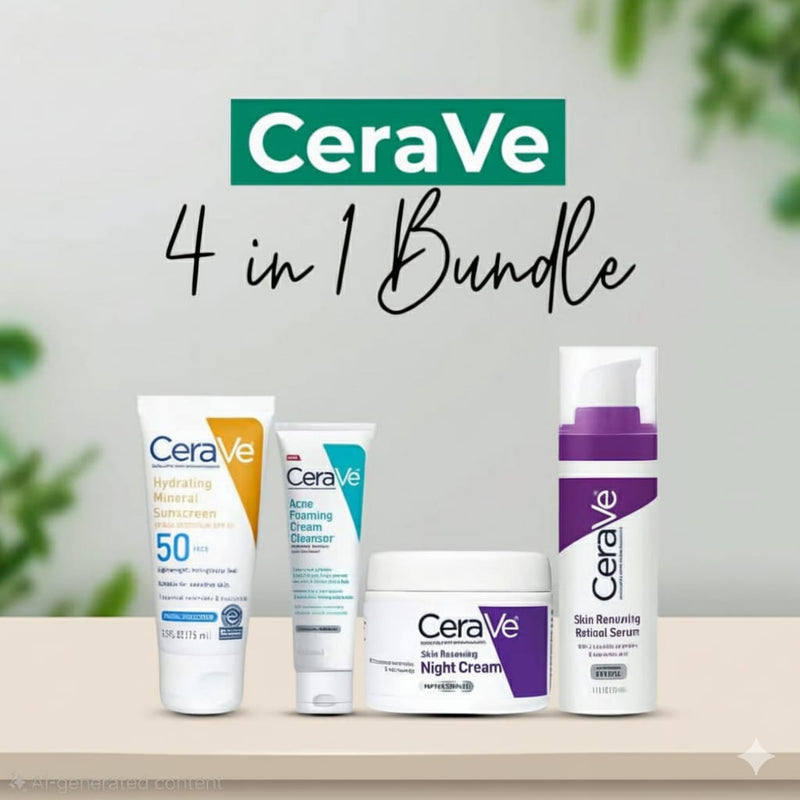 CeraVe 4-in-1 Skincare Kit: Night Cream, Sunblock, Cleanser & Serum for Radiant Skin